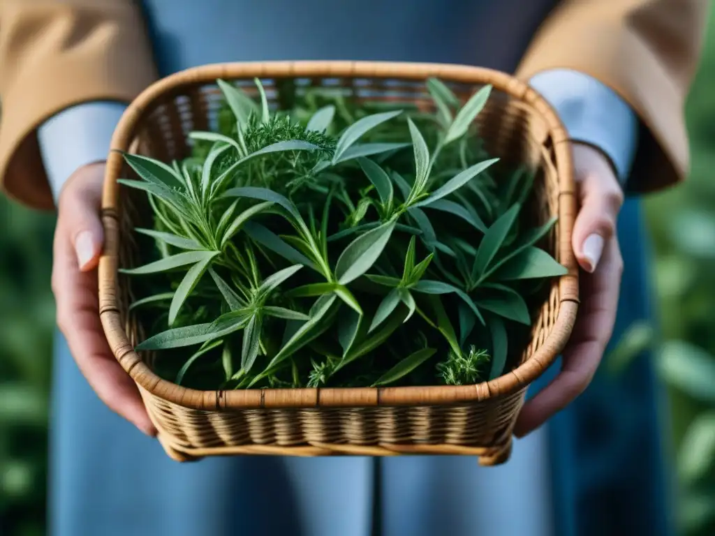 Un exquisito arreglo de hierbas frescas en cesto de mimbre, evocando la riqueza botánica y culinaria del Renacimiento