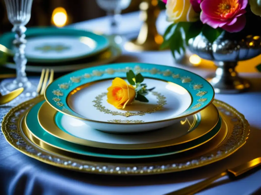 Un exquisito banquete del barroco francés: fina porcelana, cristalería brillante, cubiertos de plata y una elegante decoración floral