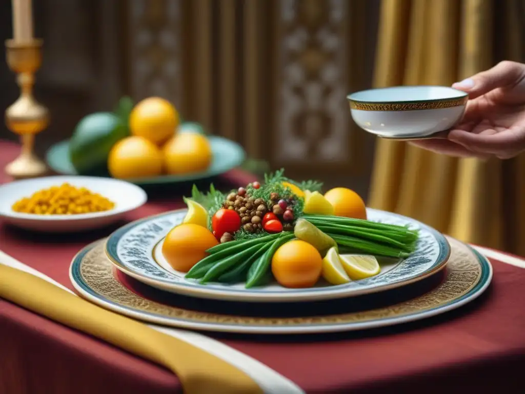 Un exquisito banquete bizantino en Cuaresma: platos veganos coloridos sobre cerámica dorada en mesa decorada