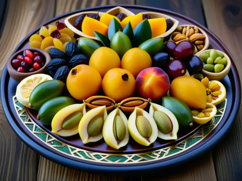 Un exquisito banquete de frutos secos en platos persas, resaltando su colorido y textura