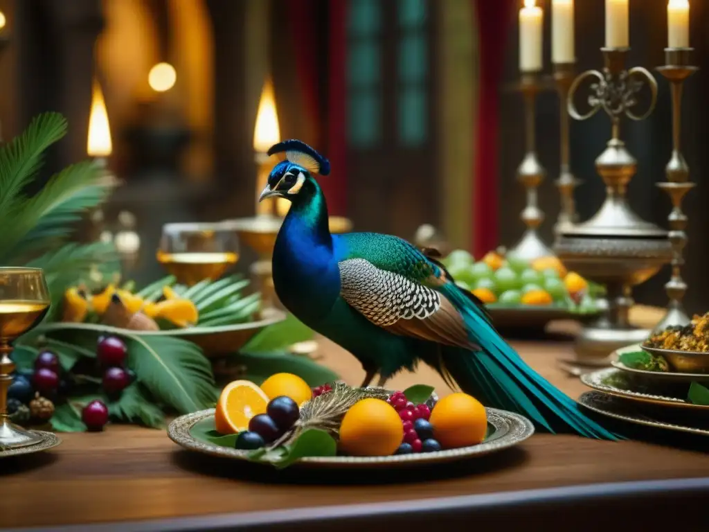 Exquisito banquete medieval con pez dorado y aves exóticas en opulentos trajes de la época