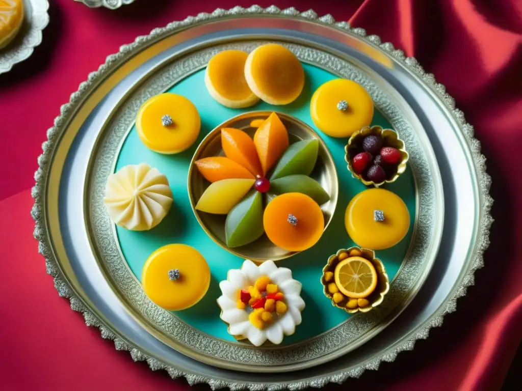 Un exquisito banquete de postres históricos era Mughal en una bandeja de plata detalladamente decorada, deslumbrante y deliciosa