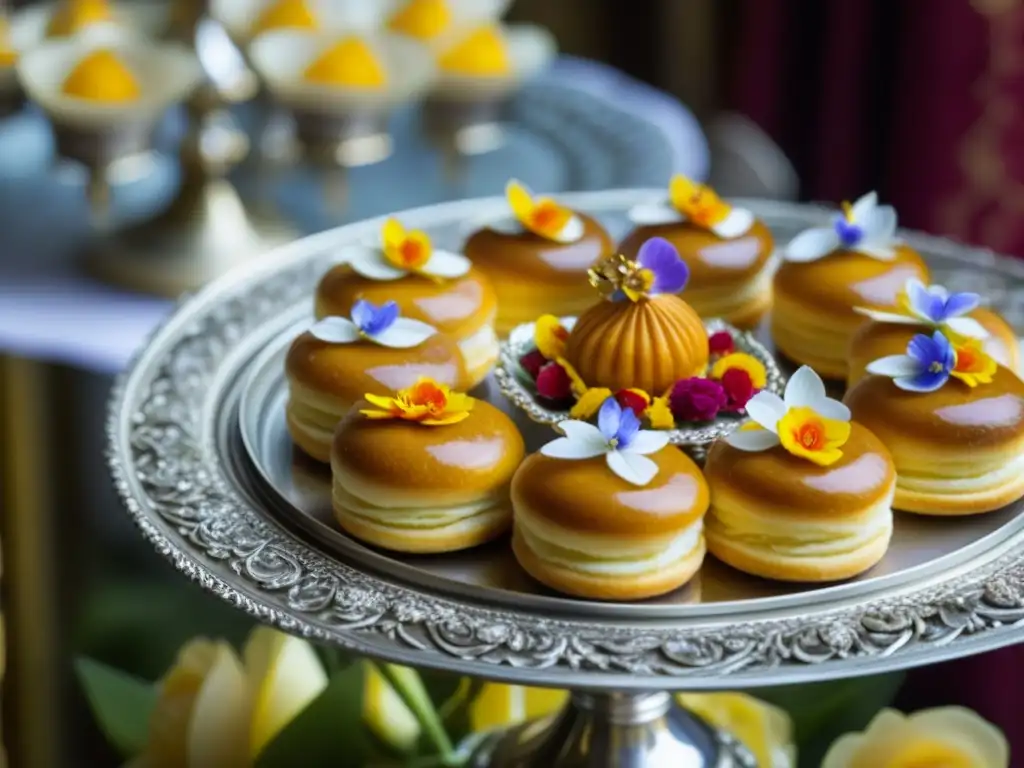 Un exquisito banquete de recetas históricas palacios europeos culinaria en una bandeja de plata antigua, rodeada de lujo