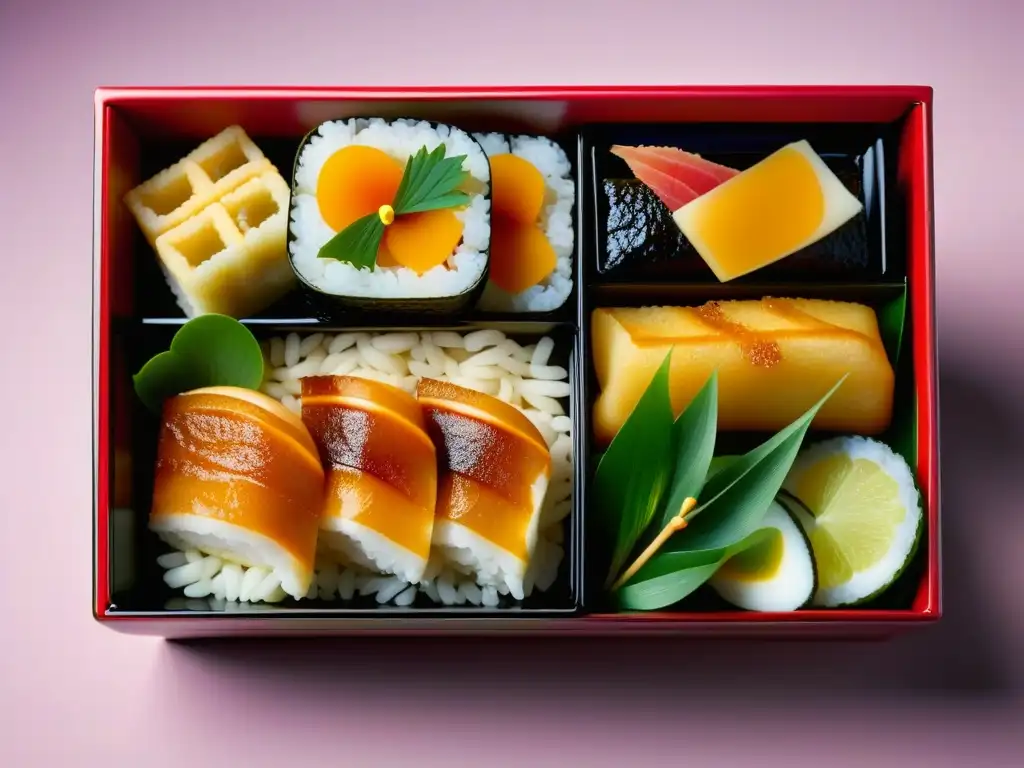 Exquisito bento fusionando influencia cultural gastronomía portuguesa Japón en vibrantes colores y detalles