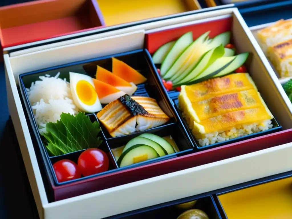 Un exquisito bento japonés del período Edo, con ingredientes coloridos y nutritivos que reflejan la precisión y arte culinario japoneses