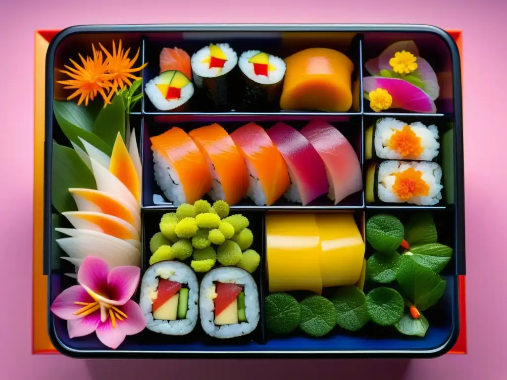 Un exquisito bento japonés con sushi, sashimi, verduras encurtidas y flores comestibles