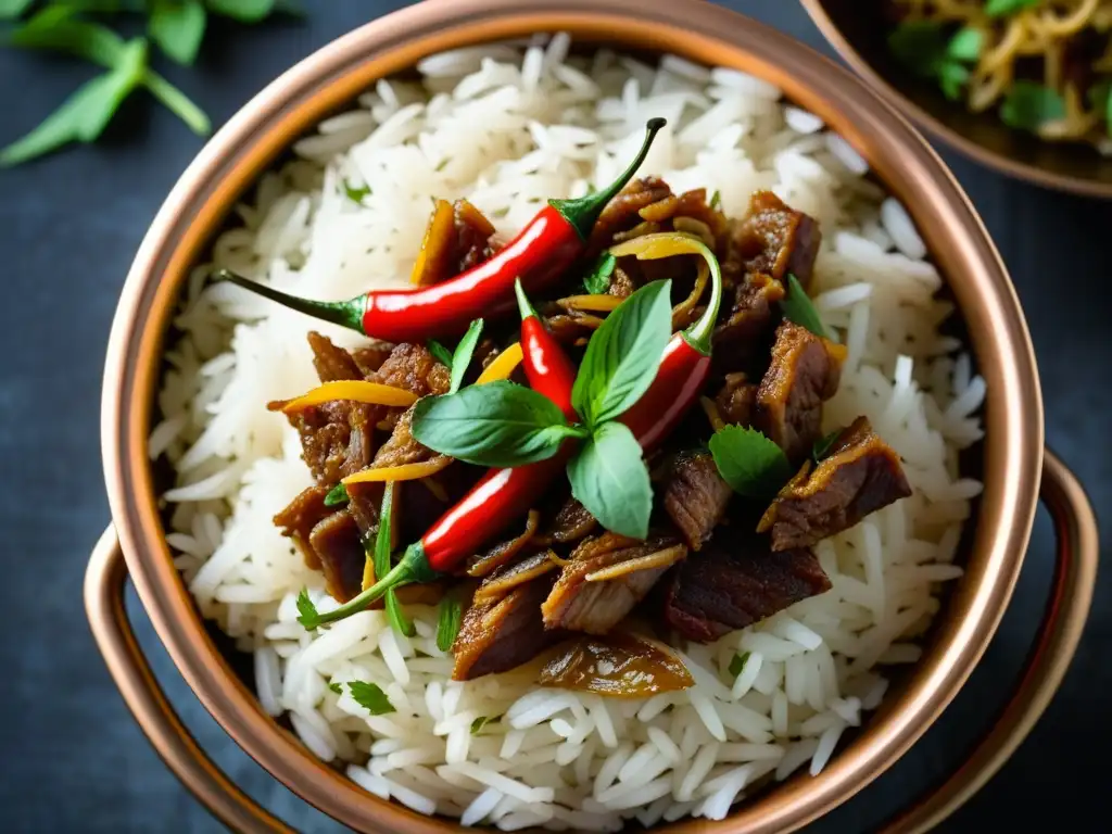 Un exquisito biryani mogol con arroz basmati, carne marinada, hojas de menta, chiles y cebollas fritas en una olla de cobre