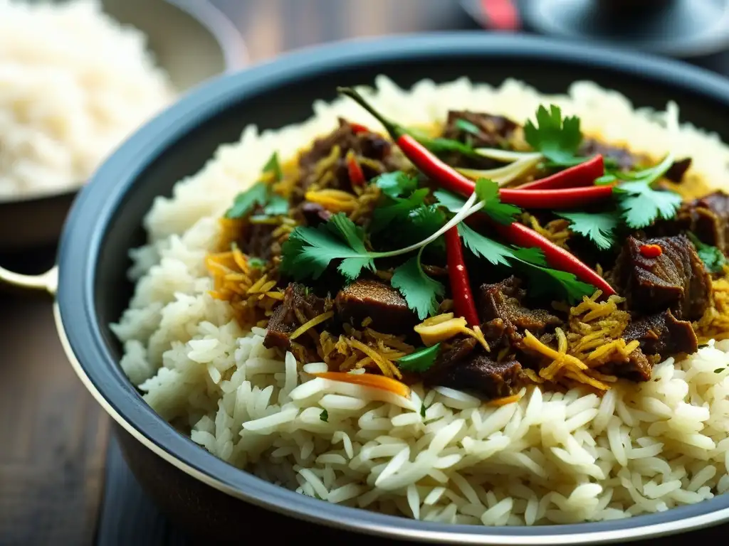 Un exquisito biryani Mogol: arroz basmati fragante con carne marinada, cebolla frita, cilantro fresco y chiles rojos