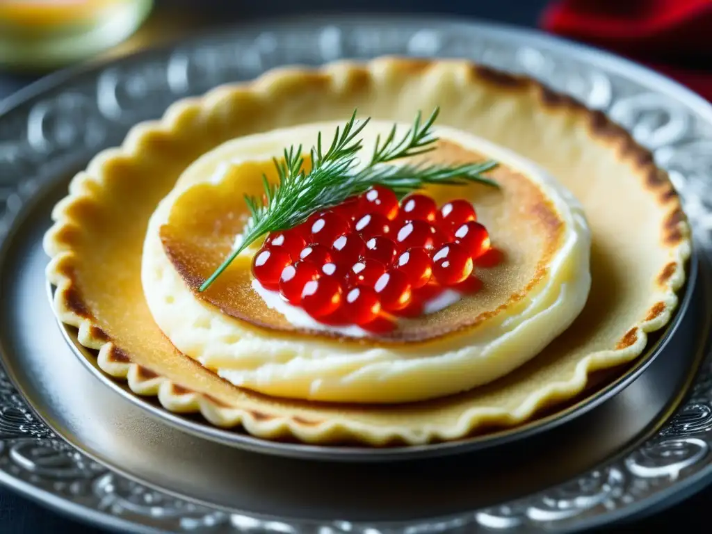 Exquisita blini dorada con caviar rojo y crema agria Un exquisito blini dorado con caviar y crema agria sobre una bandeja de plata antigua, evocando la opulencia de la cocina zarista