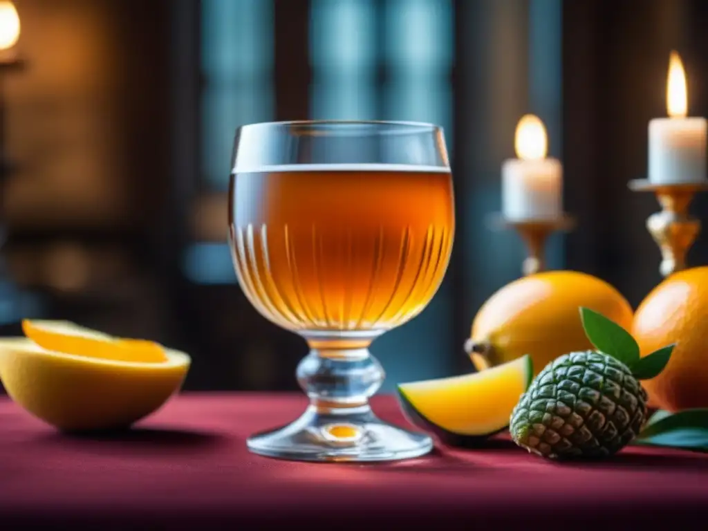 Un exquisito cáliz adornado con frutas y hierbas en una mesa renacentista iluminada por velas