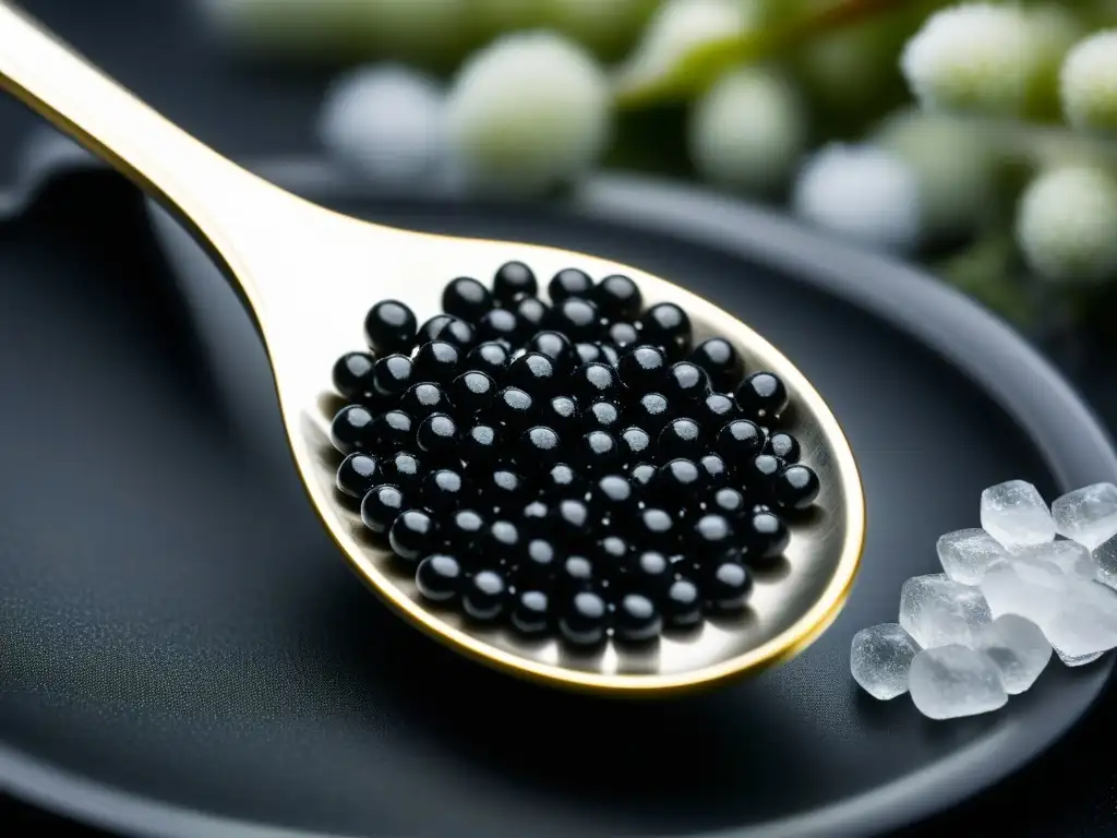 Exquisito caviar negro en cuchara de plata rodeado de hielo, reflejando lujo y elegancia