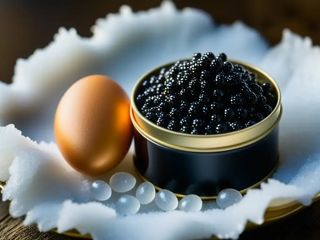 Exquisito caviar negro de lujo en lata brillante sobre hielo triturado