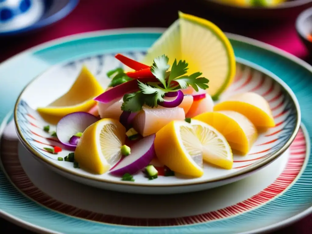 Un exquisito ceviche nikkei histórico, fusionando sabores y culturas en un plato vibrante y colorido