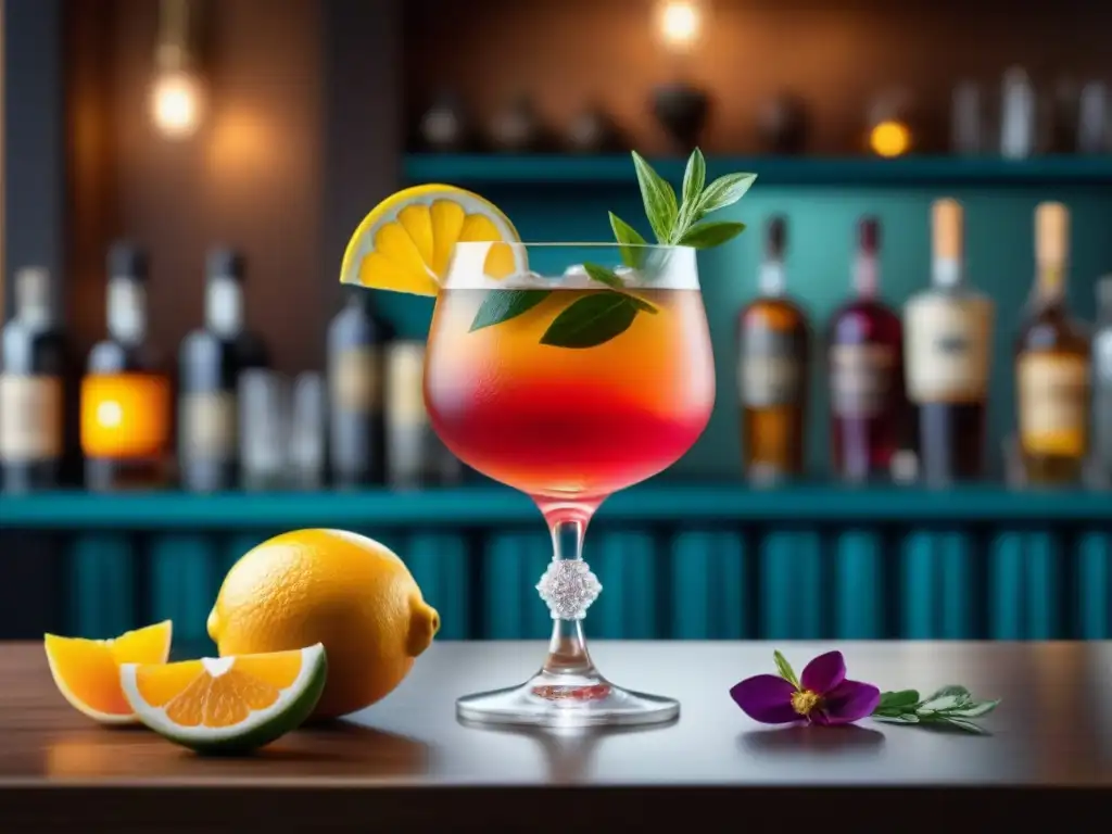 Coctel renacentista: arte líquido en una copa Un exquisito cóctel renacentista con colores vibrantes y decoración elegante