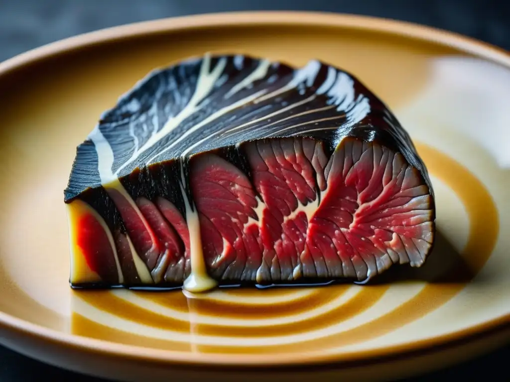 Exquisito corte de A5 Wagyu, con veteado perfecto, listo en plato japonés