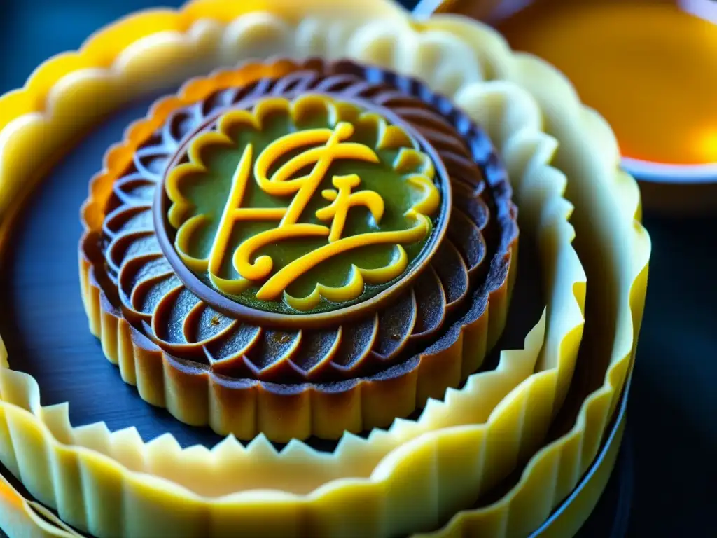 Un exquisito y detallado mooncake durante la Fiesta del Medio Otoño gastronomía, con capas de masa y relleno de lotus, huevo y frijol rojo