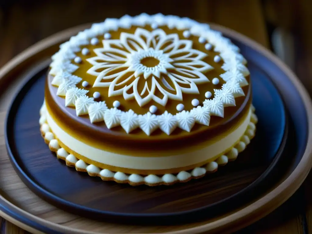 Un exquisito dulce conventual, detalladamente decorado, sobre plato rústico de madera