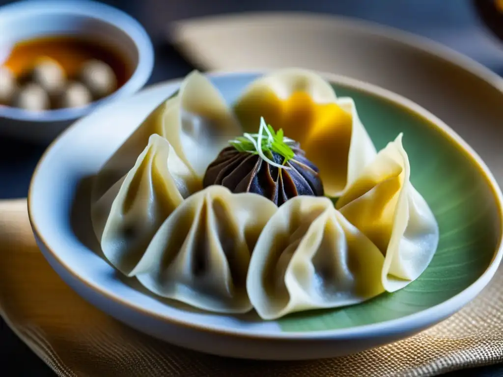 Un exquisito dumpling asiático relleno con trufas, rodeado de sofisticación y elegancia