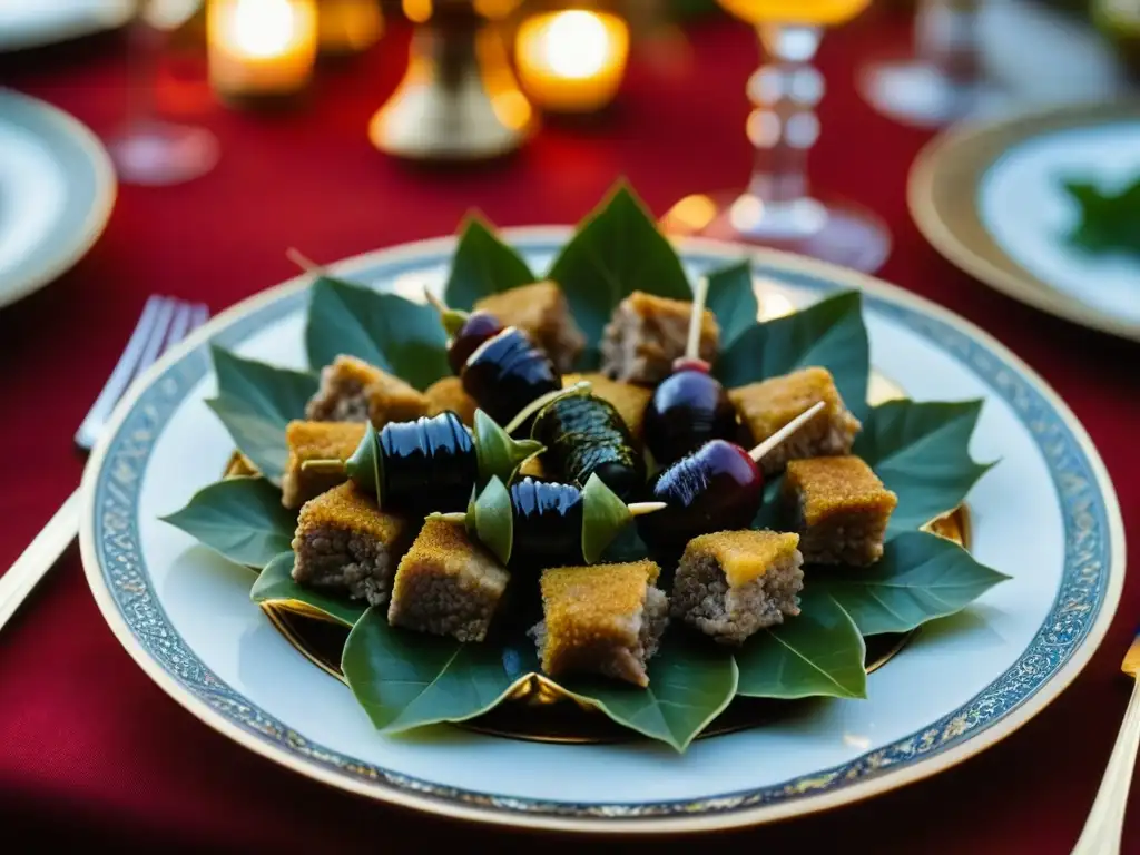 Exquisito festín de Ramadán en el Califato Abásida: mesa adornada con platos cerámicos, candelabros y frutas frescas