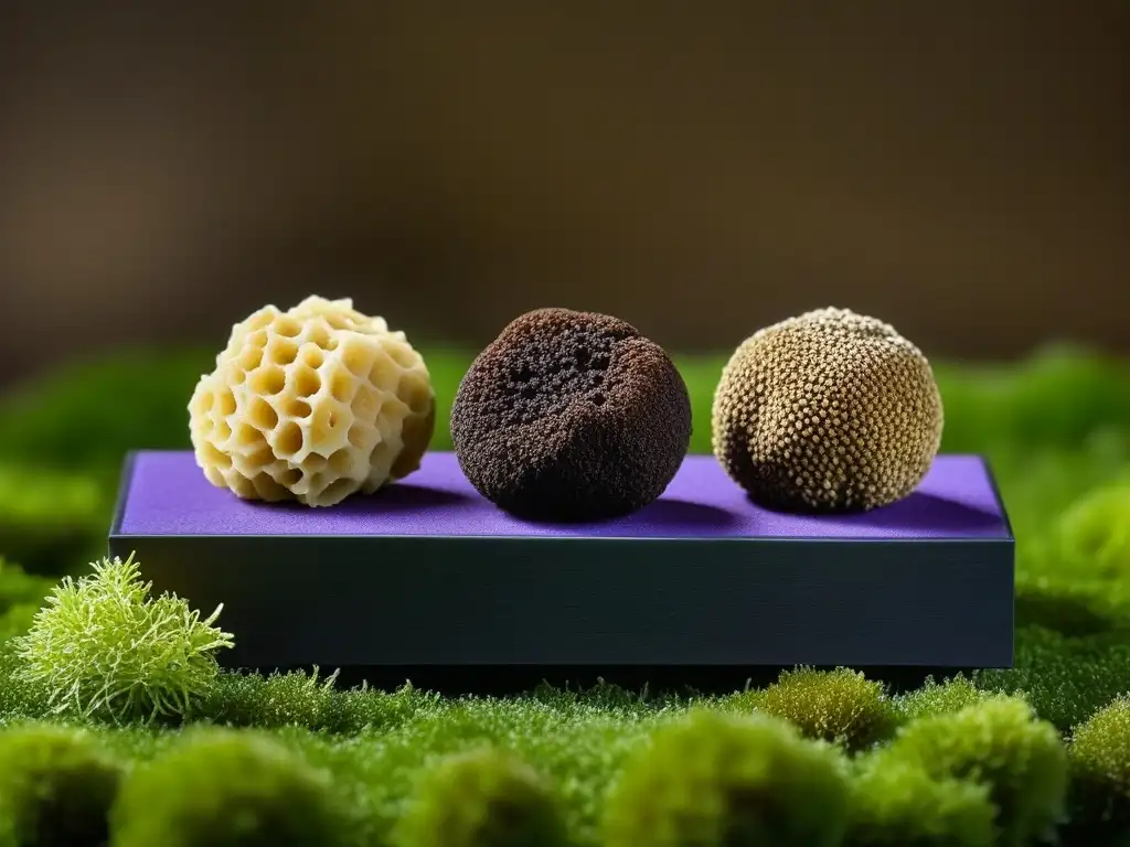 Un exquisito festín visual de trufas asiáticas en un lecho de musgo verde, resaltando su variedad de colores y texturas