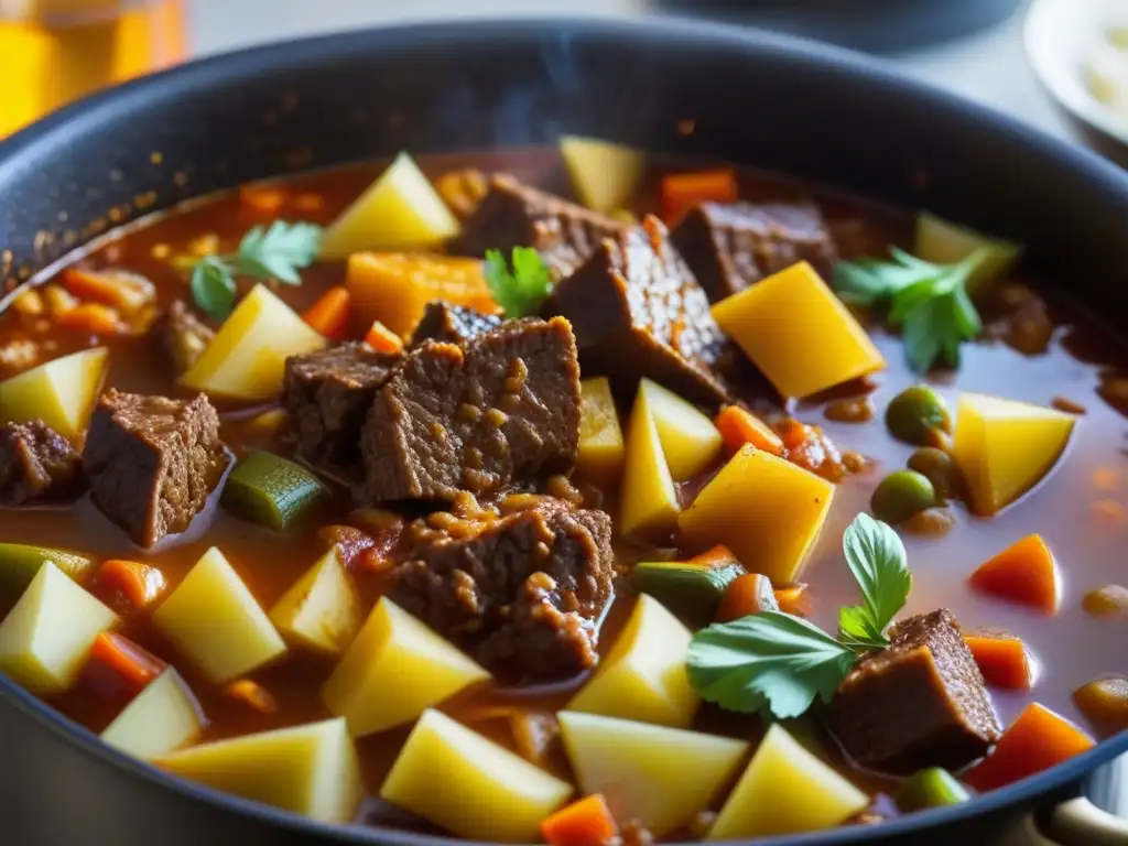 Un exquisito guiso húngaro burbujeante en la estufa, destilando la esencia de la influencia húngara en la cocina austrohúngara