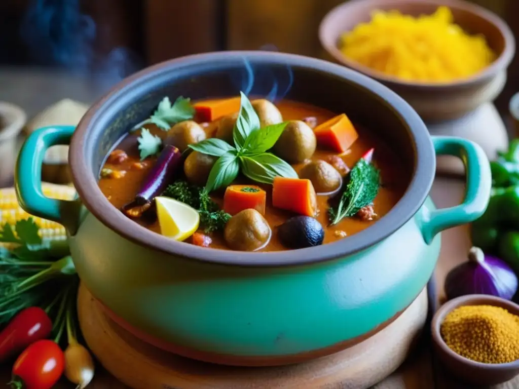 Un exquisito guiso en olla de barro rodeado de ingredientes coloridos y aromáticos en una cocina colonial
