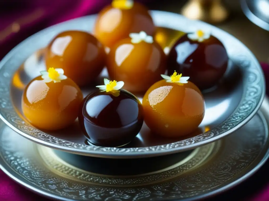 Un exquisito Gulab Jamun, influencia mongol en postres de la historia de la India, con detalles y texturas que invitan a saborear