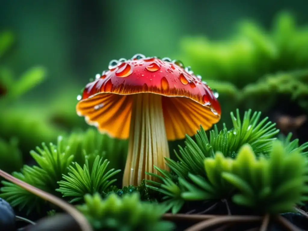 Un exquisito hongo rojo, cubierto de rocío, entre musgo verde en un bosque escandinavo