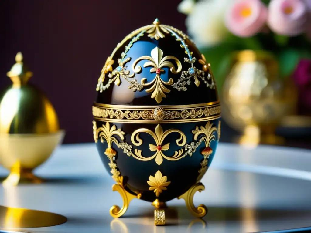 Un exquisito huevo de chocolate en detalle, con decoraciones doradas y flores delicadas, evocando la opulencia de recetas históricas corte rusa