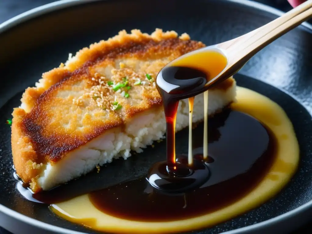 Delicioso tonkatsu dorado en salsa de soja Exquisito katsudon japonés con salsa dulce burbujeante, reflejando luz en su crujiente rebozado dorado