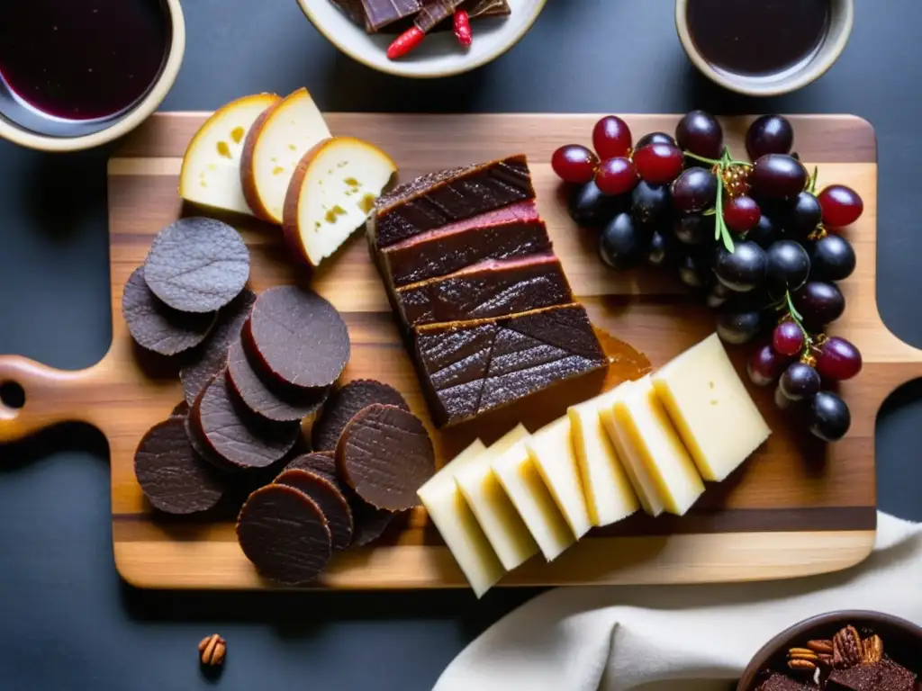 Delicias gourmet: tabla de charcutería con chocolate y carnes Exquisito maridaje chocolate carnes gastronomía hispana con tabla de embutidos, queso, y chocolate gourmet