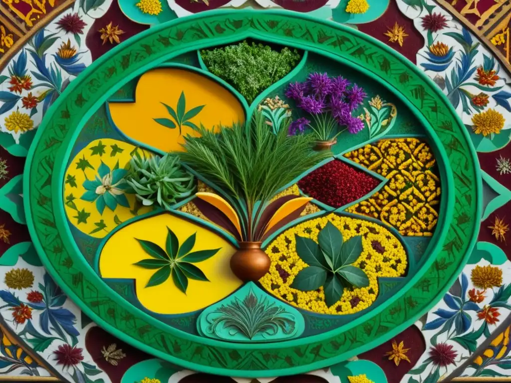 Un exquisito mosaico de especias y hierbas en un patrón floral mughal, reflejando la rica historia culinaria de la cultura con ingredientes vibrantes