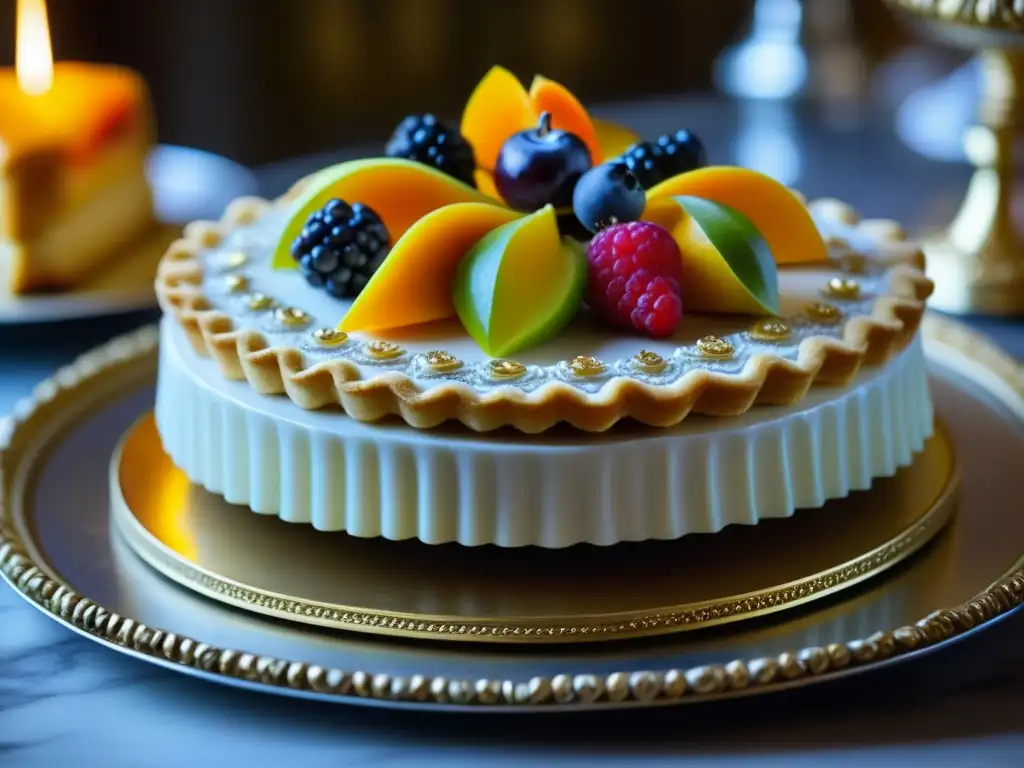 Exquisito pastel barroco francés en plato de plata, con detalles dorados y flores de azúcar, en mesa gilded