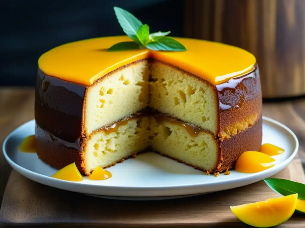 Un exquisito pastel caribeño de ron con frutas tropicales, coco tostado y menta fresca