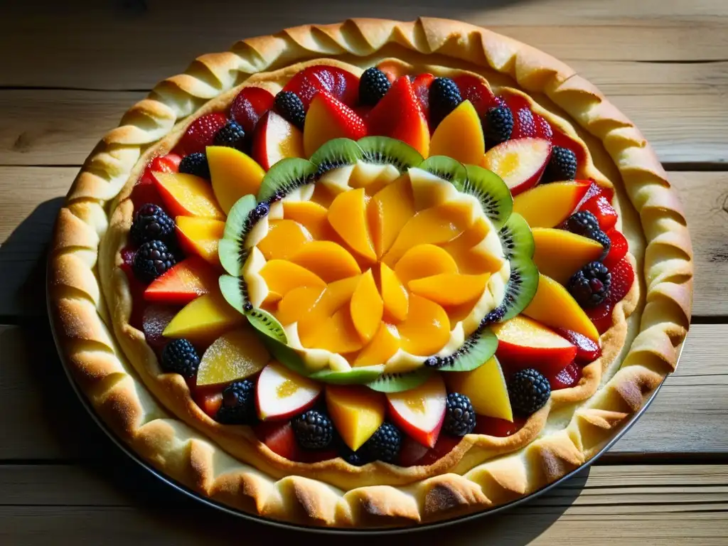 Un exquisito pastel de frutas medieval con detalles dorados y frutas vibrantes, sobre mesa de madera