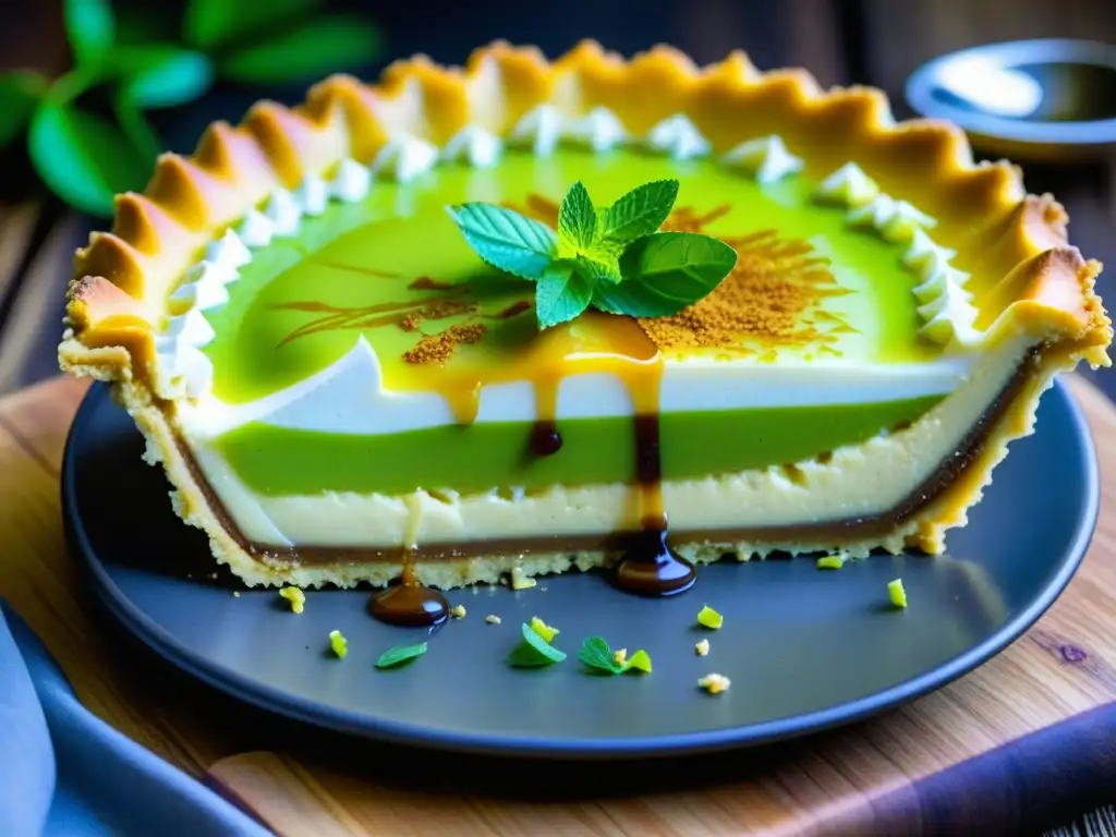 Un exquisito pastel de lima con glaseado de tamarindo, coco tostado y hoja de menta