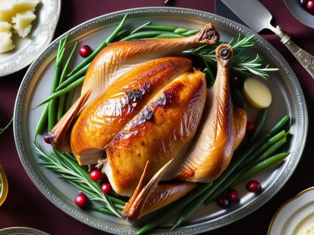 Un exquisito pavo dorado en su punto, rodeado de guarniciones, evocando una cena histórica detallada