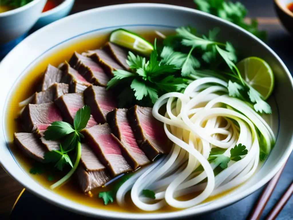 Un exquisito Pho vietnamita, resaltando sus capas de carne, fideos y hierbas frescas, revela el significado cultural del Pho en Vietnam