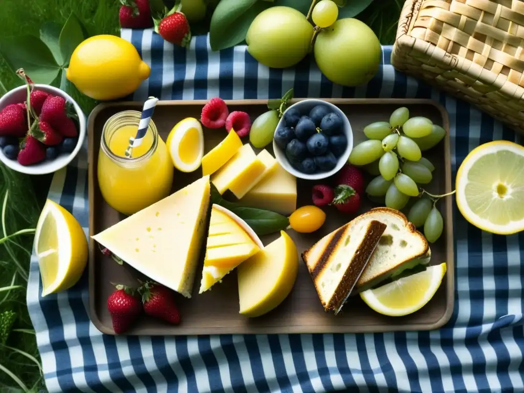 Un exquisito picnic del siglo XIX en una manta a cuadros, con sándwiches, frutas, quesos y limonada, en un prado soleado y exuberante