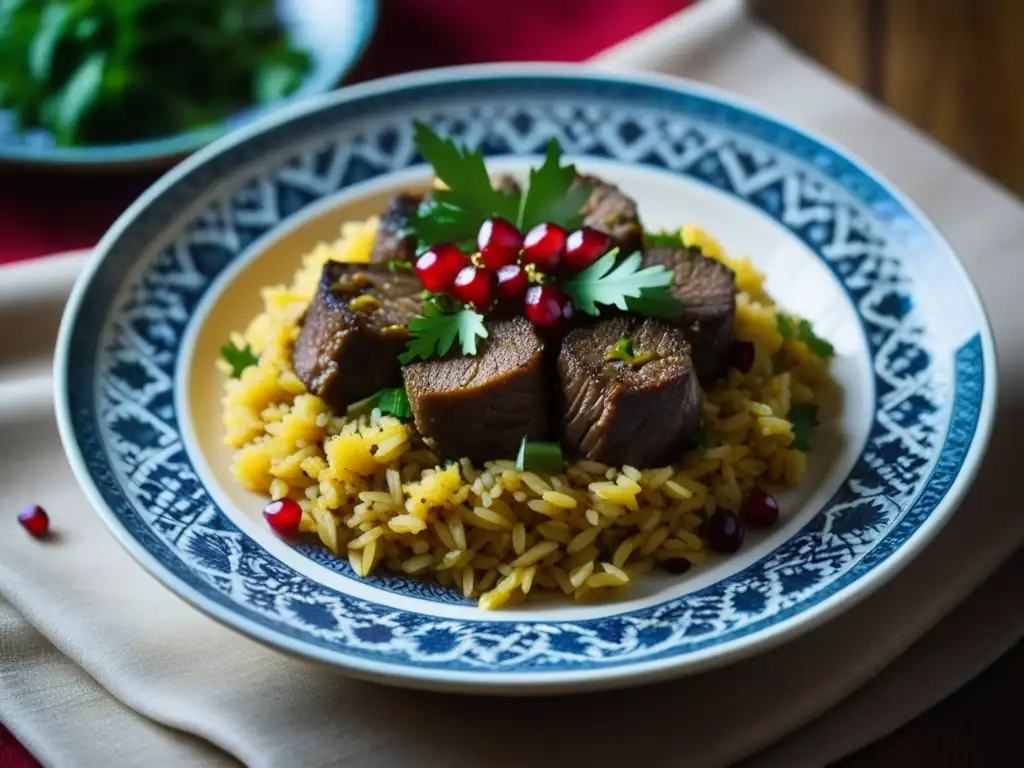 Un exquisito pilaf de cordero condimentado con granada y cilantro, evocando la Ruta de la Seda cocina histórica