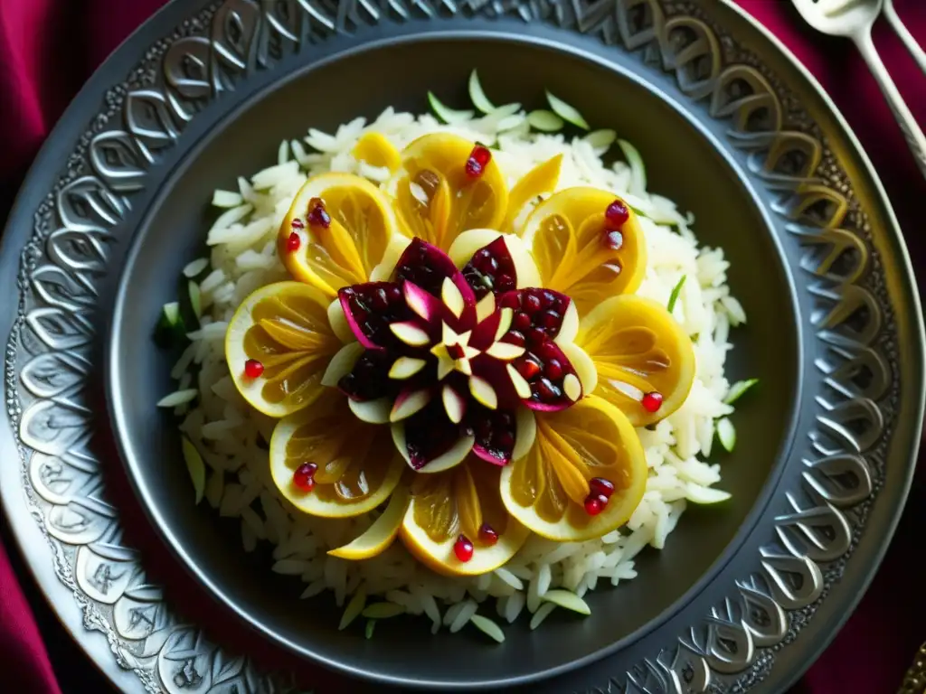 Un exquisito plato de arroz persa con granada y almendras en plato de plata, significado arroz cocina persa