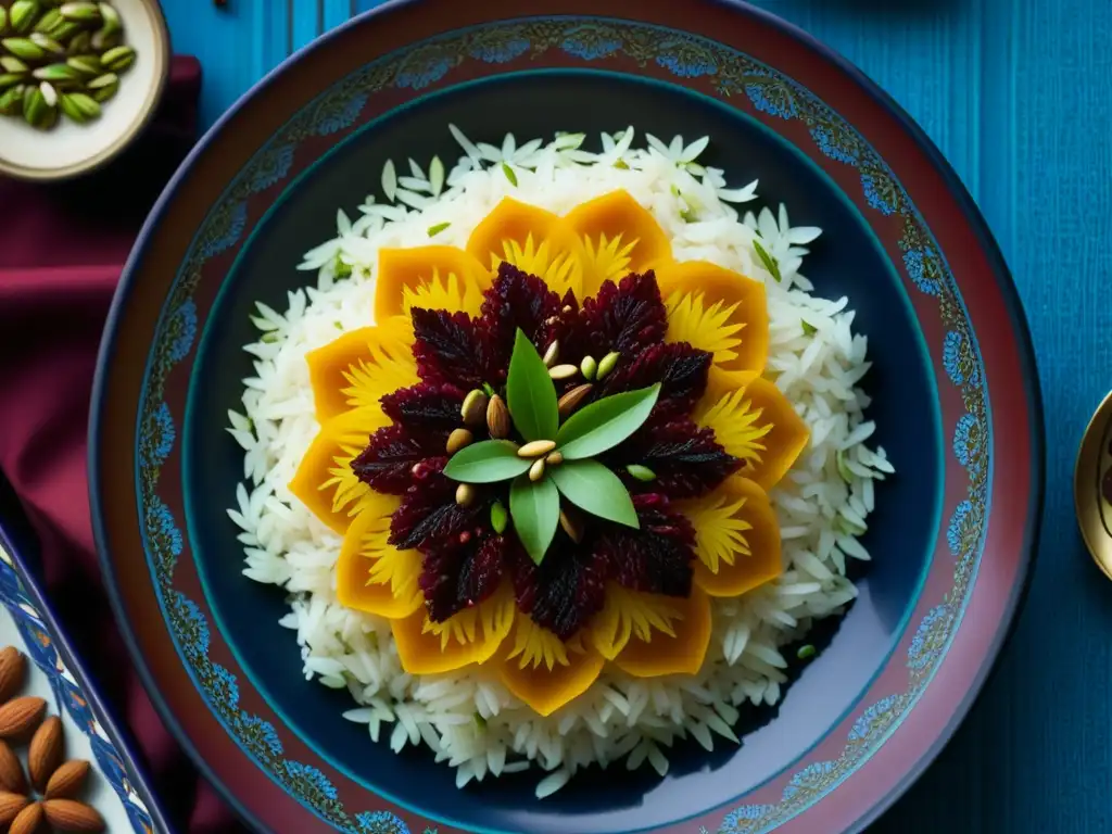 Un exquisito plato de arroz persa, decorado con azafrán, almendras y pistachos