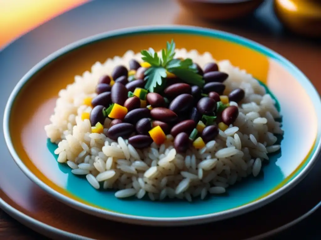 Un exquisito plato de arroz con frijoles caribeños, detalle y color en una imagen que evoca recetas históricas