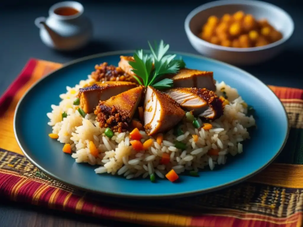 Un exquisito plato de arroz jollof, con influencia colonial, adornado con coloridas verduras y pollo, sobre un mantel tradicional tejido