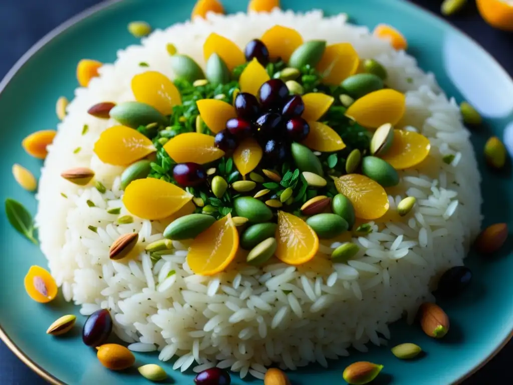 Un exquisito plato de arroz persa joya con pistachos, almendras, zarzaparrilla y piel de naranja