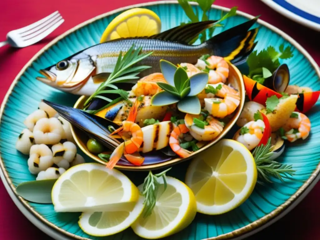 Exquisito plato azteca con pescados y mariscos frescos, hermosamente presentados en una vajilla tradicional