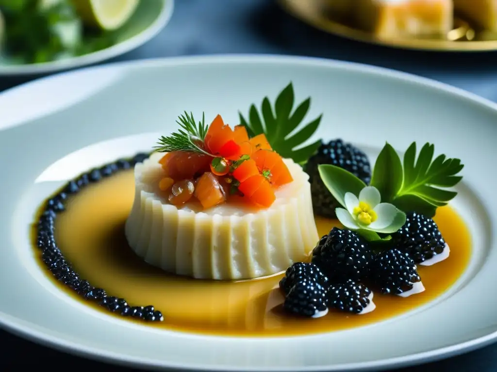 Un exquisito plato de Cangrejo Real Gastronomía Rusa, con caviar y blini, exudando opulencia zarista