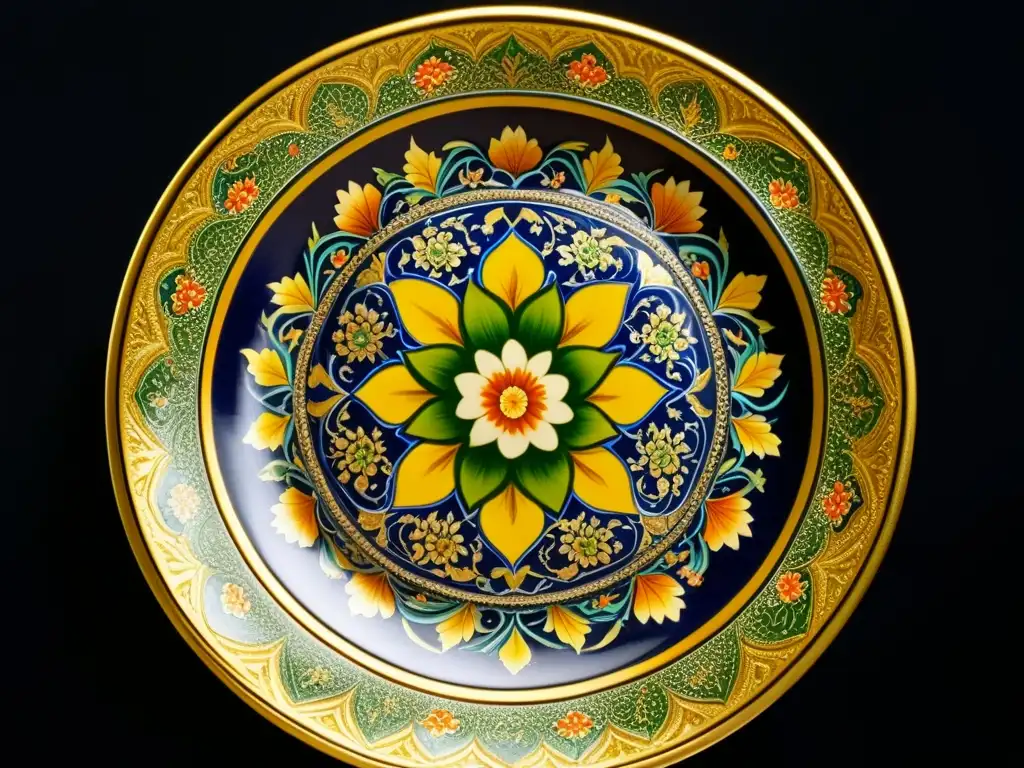 Exquisito plato de cerámica Mughal en detallada pintura floral sobre fondo oscuro