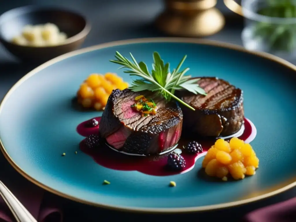 Un exquisito plato de cocina barroca recetas cinegéticas, detalladamente presentado con venado, codorniz y faisán