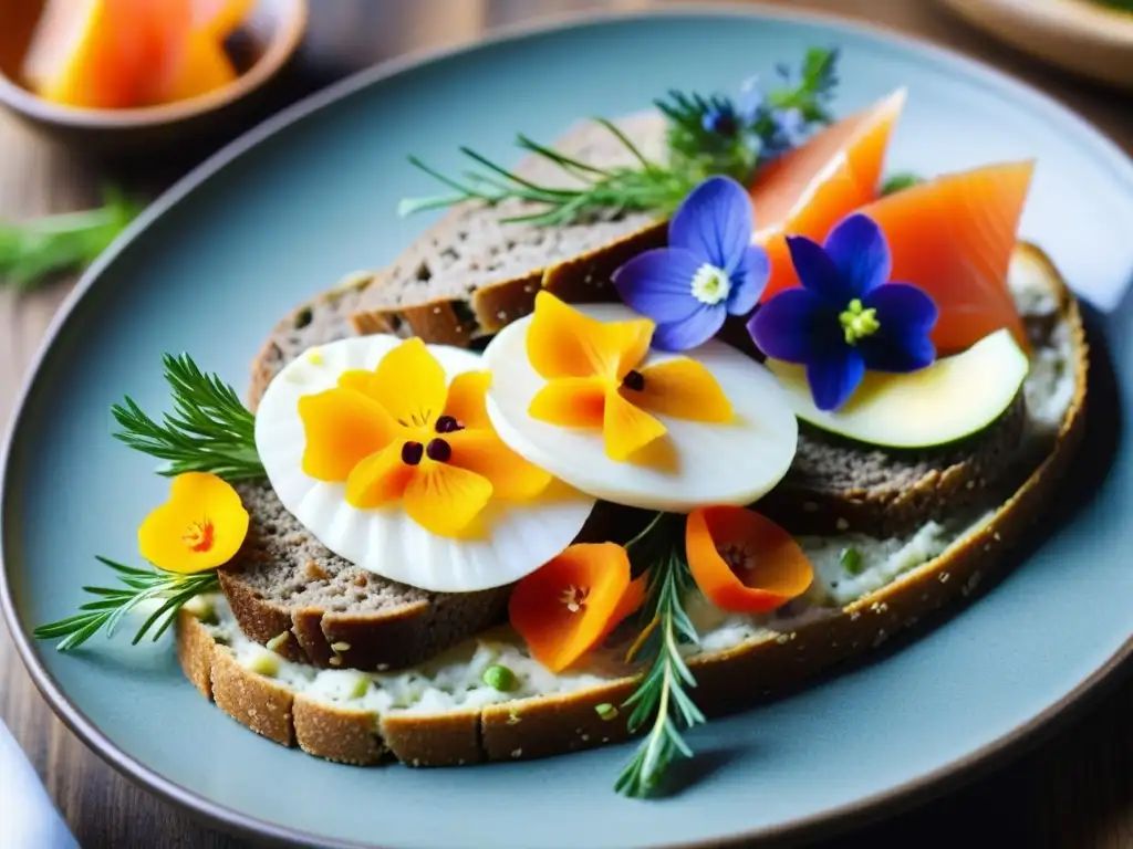 Un exquisito plato de smørrebrød escandinavo moderno, con huevo, salmón y flores comestibles